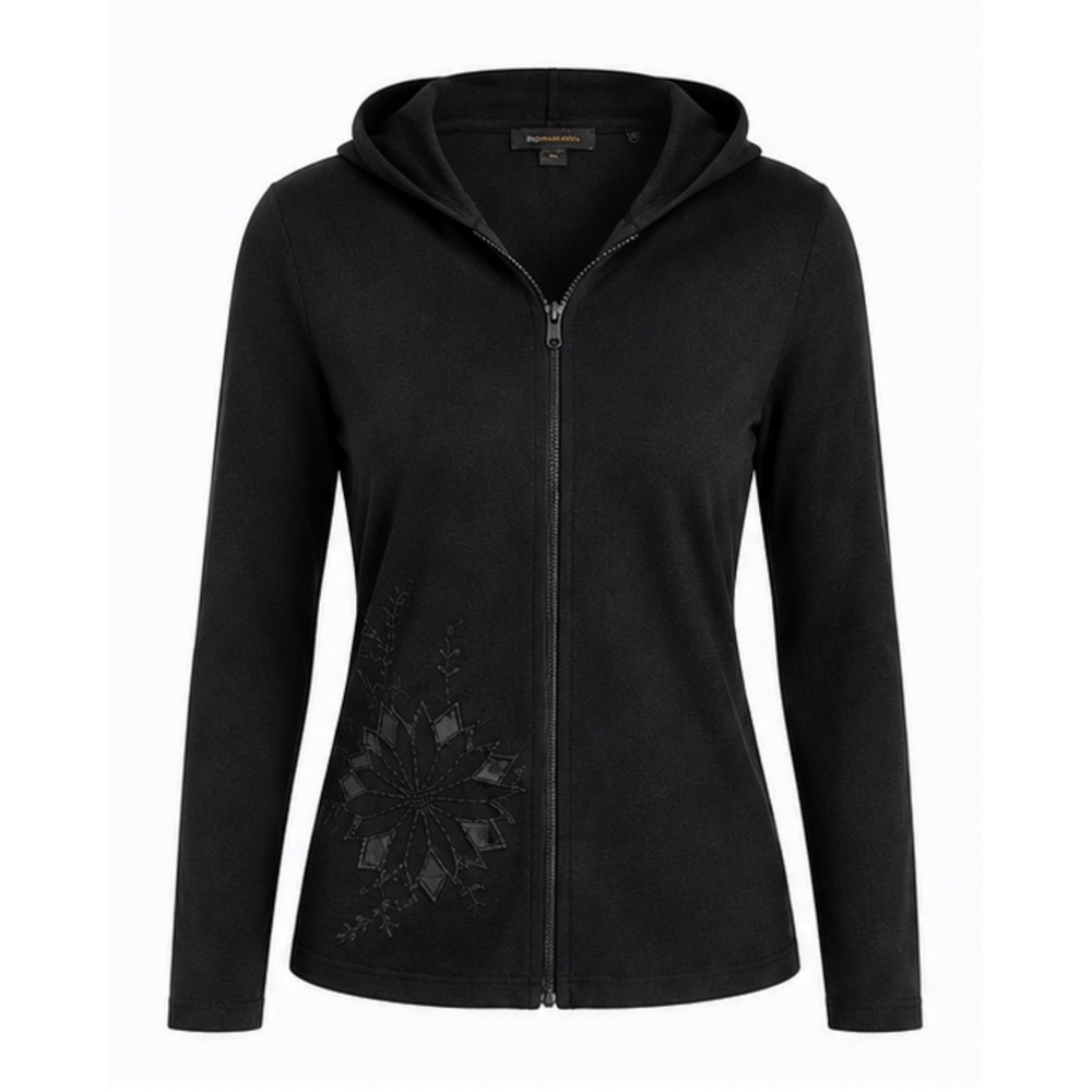 BCBG Womens Black Embroidered Zip Front Hoodie Sweater XL - Picture 2 of 8